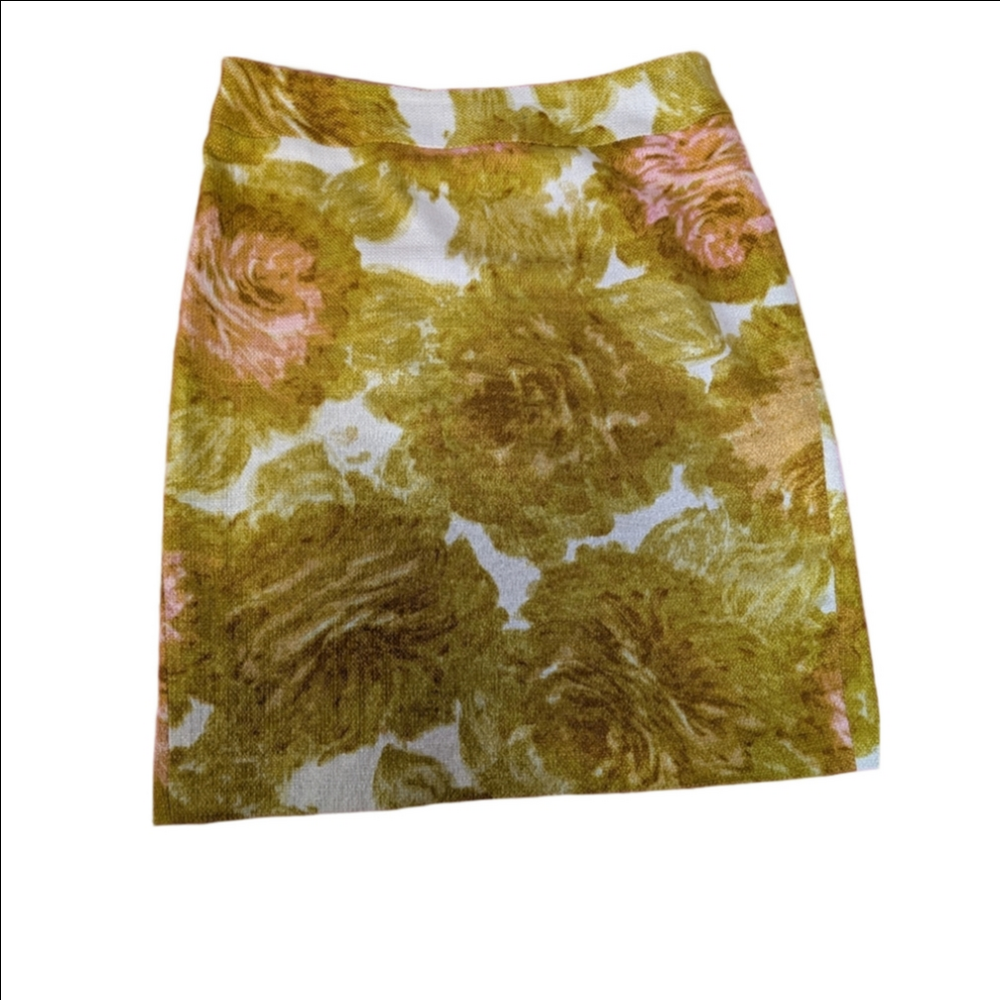 VINTAGE Skirt Talbots Floral  Mini Skirt Yellow Floral  Pink Rose Swirl  Sz4p